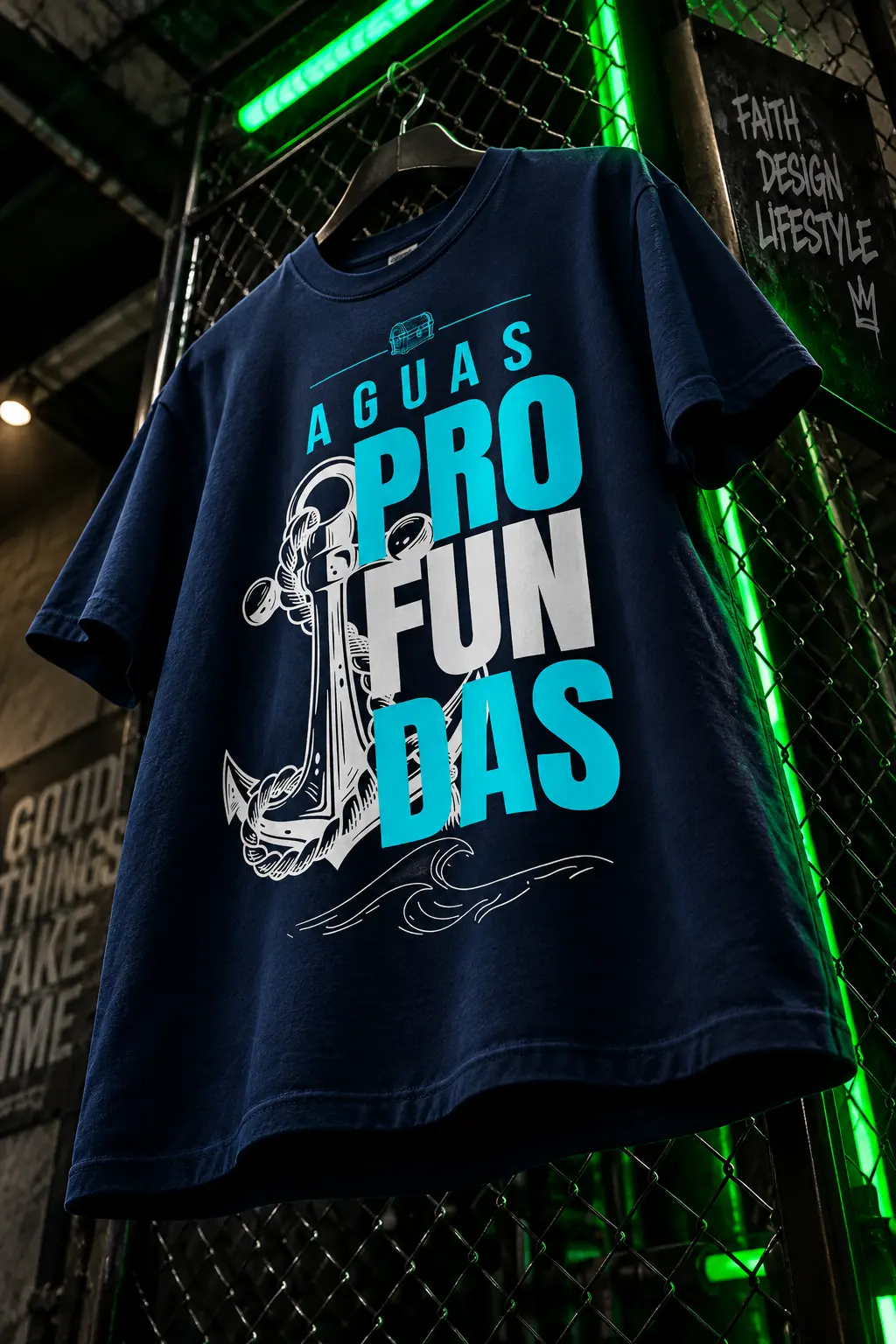 Camiseta azul con diseño cristiano Aguas profundas